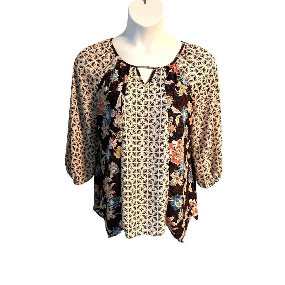 Cato C Est 1946 Floral Geometric Print Polyester Blouse Size Large Top Peasant